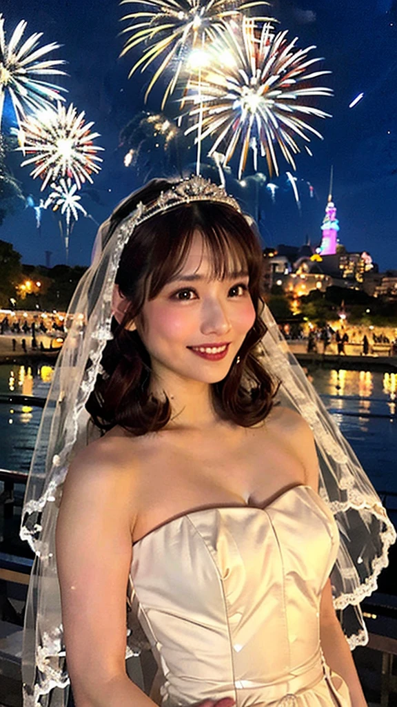 (highest quality,masterpiece:1.3,超A high resolution,),(Ultra-detailed,Caustics),(Photorealistic:1.4,RAW shooting,)Ultra-Realistic Capture,Very detailed,High resolution 16K human skin closeup。 The skin texture is natural、,Pores、It must be detailed enough to be easily identifiable.。 Skin should look healthy and have an even tone。 Use natural light and color,1 girl,Japanese,cute,22 years old,Laughs and Tears,Looking into the camera,Natural brown hair,Half Up,Medium sized breasts,(tiara,Wedding Veil,Pure white wedding dress:1.35),Holding a bouquet,Stand upright,Looking into the camera,Flooded with light,Front view,View from the front,half body Shot,Low position,Advantageous perspective natural light,(fireworks all over the sky,firework in night sky:1.55),(Droopy eyes, Natural Makeup、Ultra-high definition beauty face:1.25)、(Ultra high resolution perfect beautiful teeth, Mid-chest, Tight waist, smile:1.15)