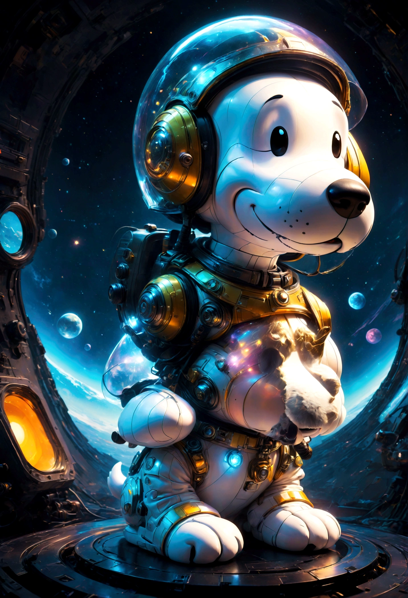 Snoopy, by Charles M. Schulz, Aerospace suit, dramatic composition, transparent helmet, 90s cartoon art style, cinematic dynamic action scene, vibrant colors, cinematic lighting, dramatic lighting, best quality, masterpiece, very aesthetic, perfect composition, intricate details, ultra-detailed