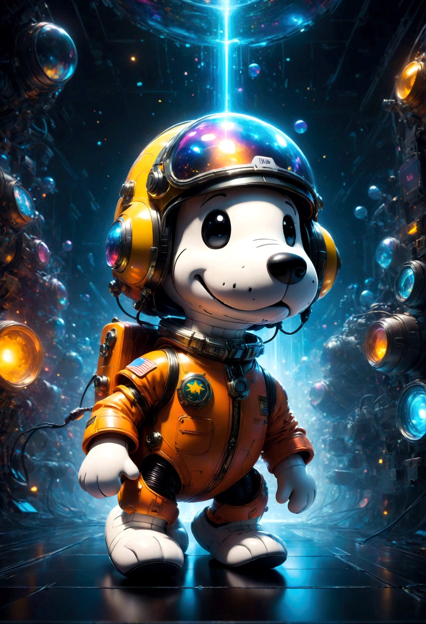 Snoopy, by Charles M. Schulz, Aerospace suit, dramatic composition, transparent helmet, 90s cartoon art style, cinematic dynamic action scene, vibrant colors, cinematic lighting, dramatic lighting, best quality, masterpiece, very aesthetic, perfect composition, intricate details, ultra-detailed