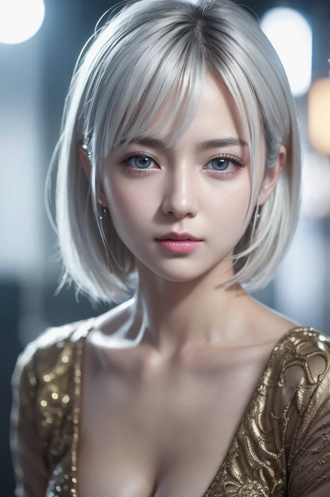 highest quality、8k Masterpiece、超A high resolution、(Photorealistic:1.3)、RAW Photos、1 girl、Silvery white hair、Glowing Skin、1. Super-beautiful Cyberpunk Soldiers、((Ultra-Realistic Details))、Portrait、Global Illumination、Shadow、Octane Rendering、8k、Super sharp、Beautiful breasts、Metal、Cold colors、、Very intricate details、Realistic Light、CGSoation Trend、Beautiful Eyes、Shining Eyes、To the camera、Neon Details、20age、Very Short Hair、Too beautiful face、Intelligence、Obscene、