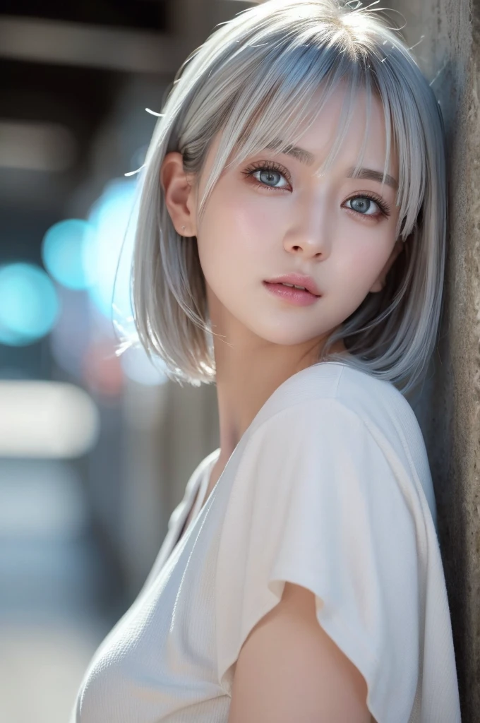 highest quality、8k Masterpiece、超A high resolution、(Photorealistic:1.3)、RAW Photos、1 girl、Silvery white hair、Glowing Skin、1. Super-beautiful Cyberpunk Soldiers、((Ultra-Realistic Details))、Portrait、Global Illumination、Shadow、Octane Rendering、8k、Super sharp、Beautiful breasts、Metal、Cold colors、、Very intricate details、Realistic Light、CGSoation Trend、Beautiful Eyes、Shining Eyes、To the camera、Neon Details、20age、Very Short Hair
