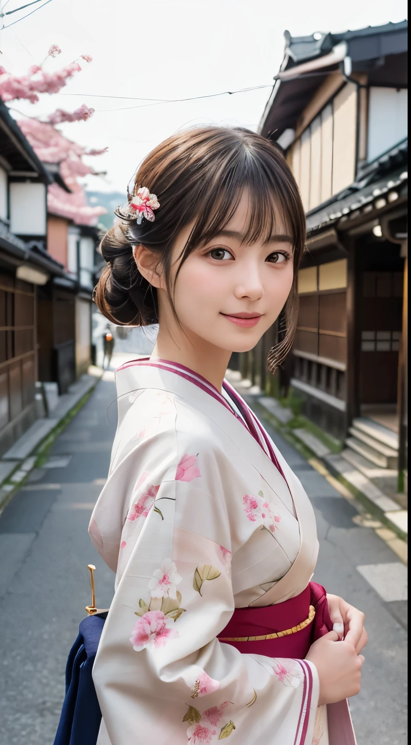Professional Lighting,(Photorealistic:1.4), (Top image quality:1.0), (超A high resolution:1.0), 8k, Raw photography, (masterpiece:0.2), (Facing the children_v1:0.5)、(最高quality Detail:1.2)、Realistic、8K Ultra HD、High resolution、(1 girl:1.2)、超detailedな、High quality textures、複雑なdetailed、detailed、Very detailed CG、High quality shadows、detailed 美しく繊細な顔、Beautiful details and a delicate eye、(Symmetrical eyes:1.2),Written boundary depth、Ray Tracing,1 girl, Japanese Girls, (Natural smile:1.4),cute, thin, Portrait of a beautiful Japanese woman in a kimono, Standing elegantly on a street corner in Kyoto. Kimono with vibrant traditional patterns, Hair decorated with elegant and delicate hairpins, Gentle expression. (With the old streets of Kyoto in the background:1.4)、The soft light of a spring afternoon、Adding tranquility to the scene. Rendered in a Realistic style with great attention to detail, High resolutionの画像.Sky Porn, Magic Hour, (Realistic:1.3), finely, quality, (Tabletop:1.2), (Realistic:1.2), (最高quality), (複雑なdetailed), dramatic, Ray Tracing, photograph, +roller