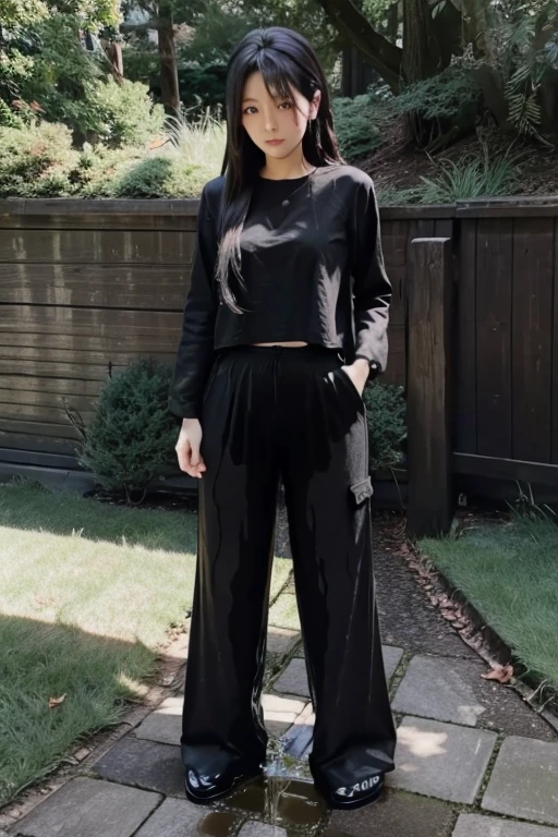 Japanese Girl sees the ghost and pees her black palazzo pants until her pants are wet in fright.