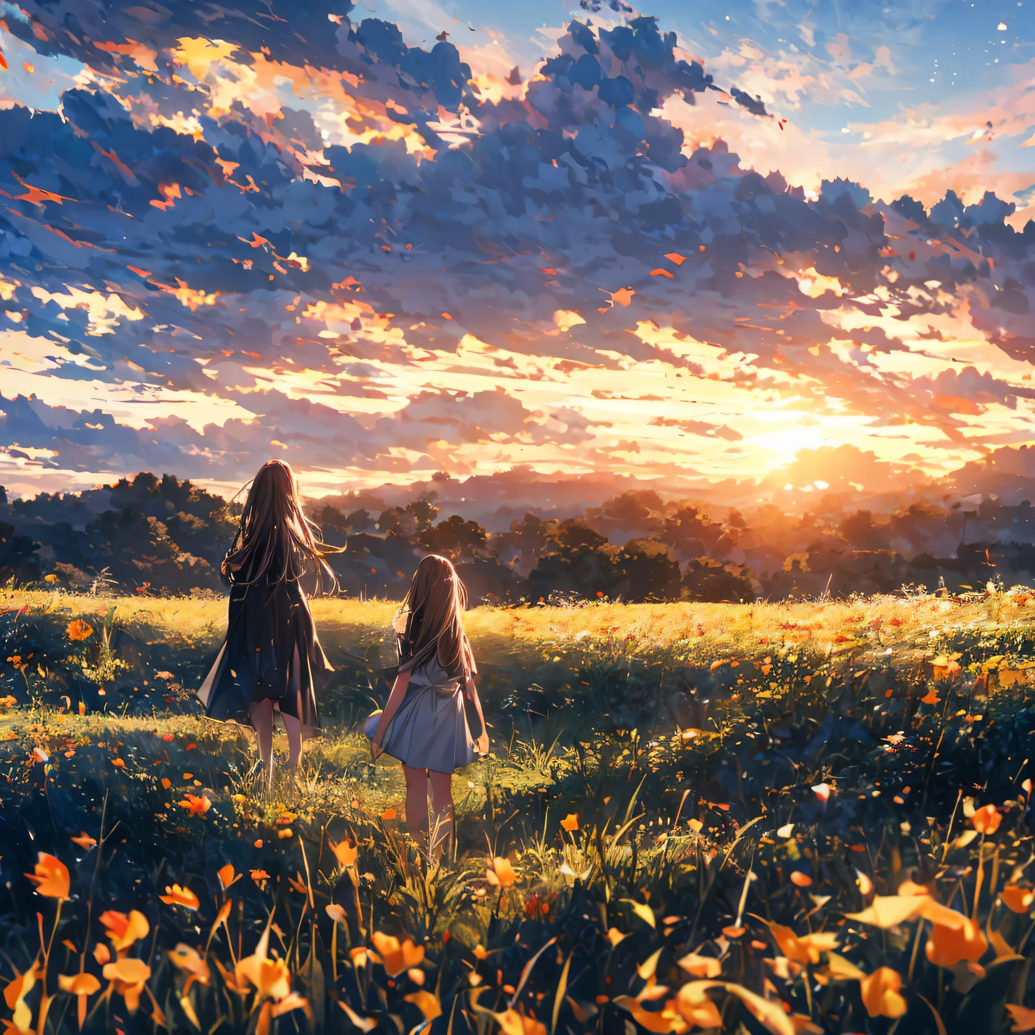Hair in the air, Back view, Look at the sun, There is a universe ship in the sky, sun,  -yeld gi Standing in the grassland, landscape, universe, 8k, Super detailed