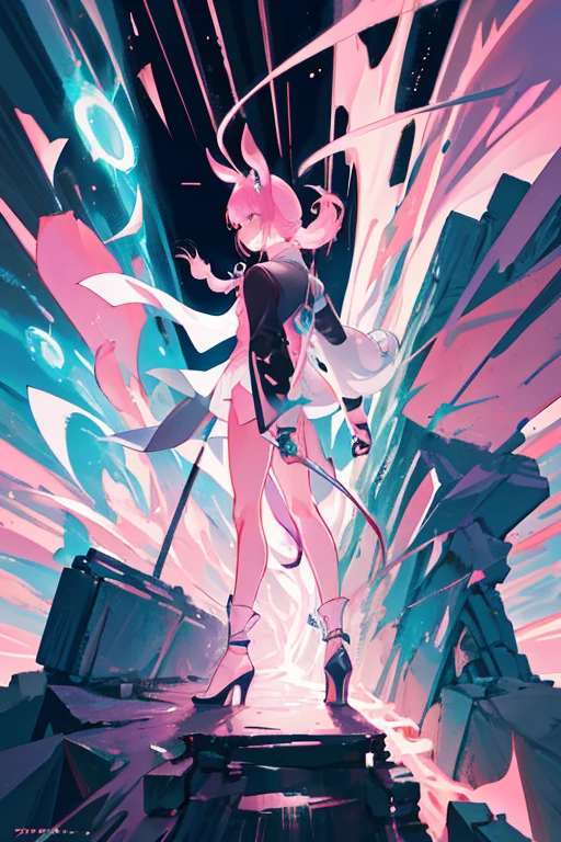 Niji mode, human sorcerer secret agent, human face with pink and black rabbit dragon ears, full body, wearing an elegant suit made of fine fabric and with magic circuits, holding in both hands a sword with a long handle with carved magic details glowing, glowing eyes, RPG costume , tanned skin, neon punk, art book, Studio ghibli, wide setting, in the middle of a retro cyber punk magical metropolis, magical light reflected in the hair and ear, aura of light, stylish dynamic pose, side view, old anime