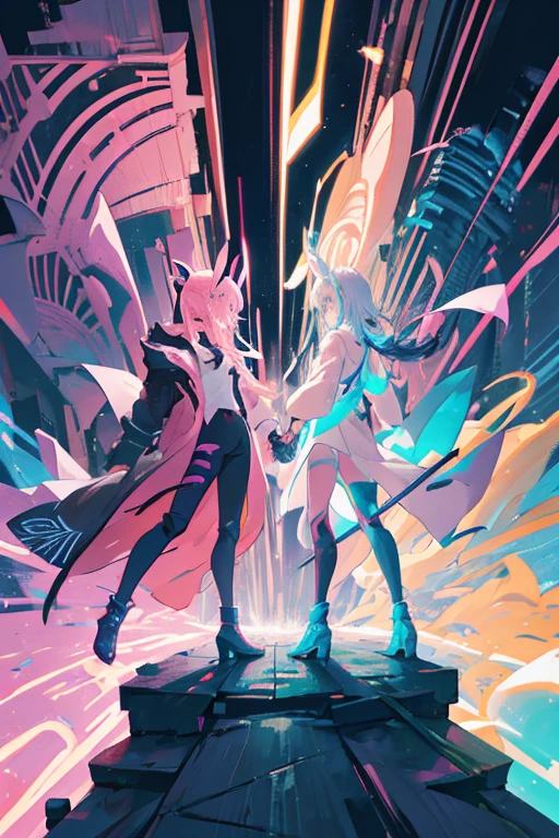 Niji mode, human sorcerer secret agent, human face with pink and black rabbit dragon ears, full body, wearing an elegant suit made of fine fabric and with magic circuits, holding in both hands a sword with a long handle with carved magic details glowing, glowing eyes, RPG costume , tanned skin, neon punk, art book, Studio ghibli, wide setting, in the middle of a retro cyber punk magical metropolis, magical light reflected in the hair and ear, aura of light, stylish dynamic pose, side view, old anime