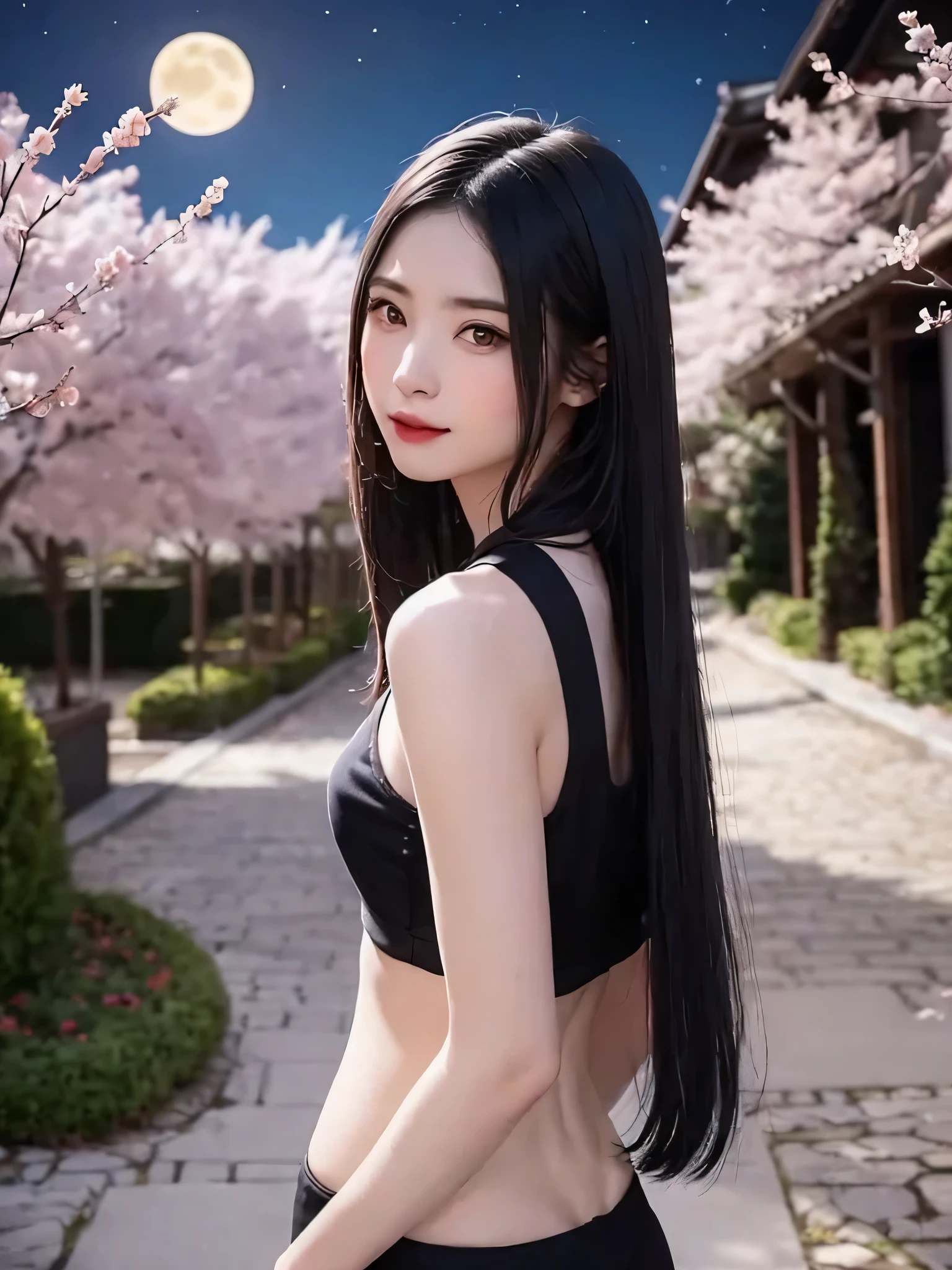 masterpiece, best quality, night, mountain, full moon, long black hair, woman, firefly, stars, mysterious cherry blossom tree, pink leaves, high quality, beautiful graphics, high detail