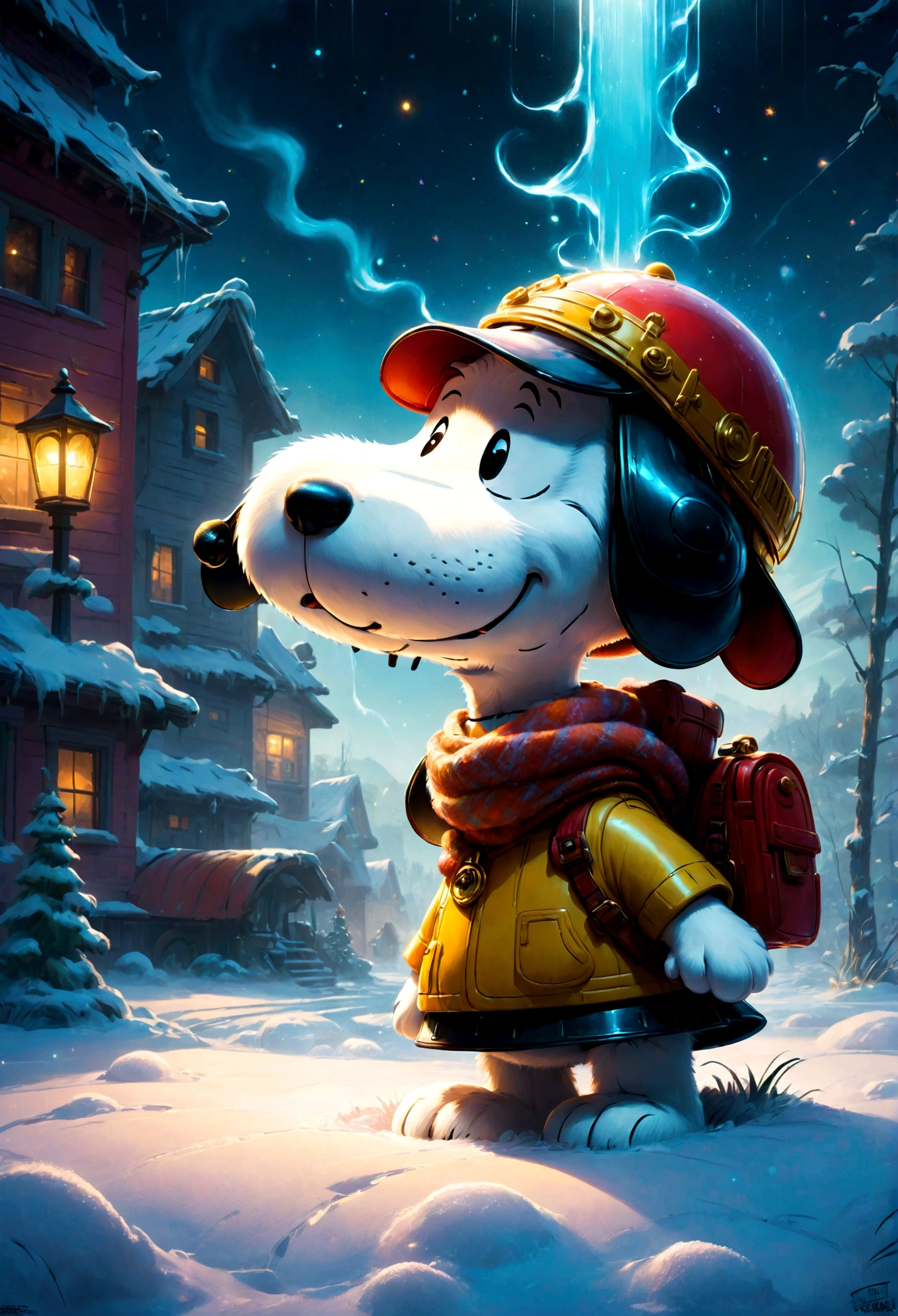 Snoopy, by Charles M. Schulz, winter, dramatic composition, transparent helmet, 90s cartoon art style, cinematic dynamic action scene, vibrant colors, cinematic lighting, dramatic lighting, best quality, masterpiece, very aesthetic, perfect composition, intricate details, ultra-detailed