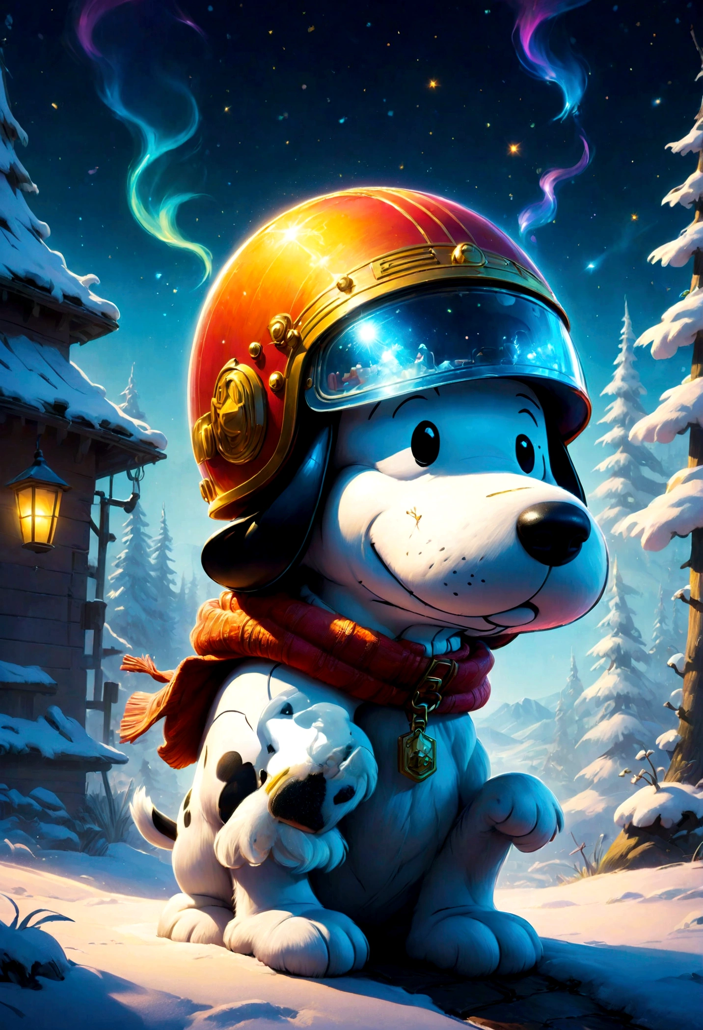 Snoopy, by Charles M. Schulz, winter, dramatic composition, transparent helmet, 90s cartoon art style, cinematic dynamic action scene, vibrant colors, cinematic lighting, dramatic lighting, best quality, masterpiece, very aesthetic, perfect composition, intricate details, ultra-detailed