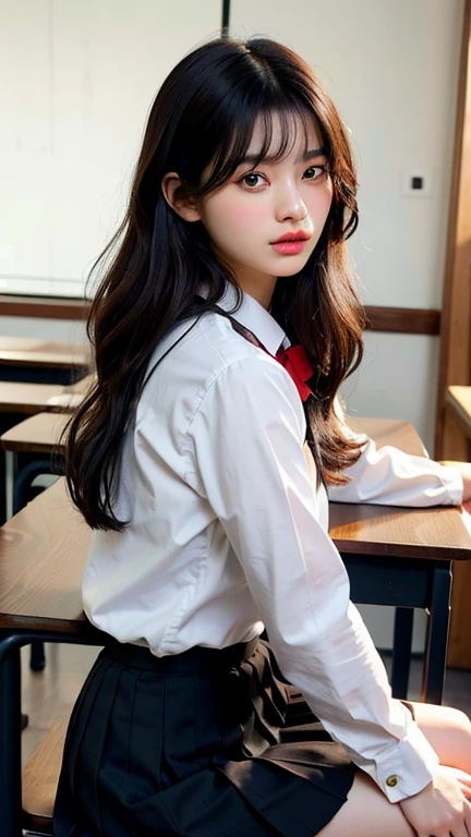 whole body, Pause, (Side view:0.9), (Professional Lighting, Light on the face), 1 girl, cute, Perfect body, View Viewer, (Highly detailed eyes and face, Beautifully detailed nose, Beautiful fine details), (Beautiful knees, White thighs), Japanese high school girl, (classroom, Wooden desk and wooden chair), ((school uniform, black pleated skirt,White Shirt)), 18-year-old, (ロングヘアBlack Hair, ), black eye, Black Hair, Long hair with red ribbon, ロングヘアBlack Hairに赤いリボン,