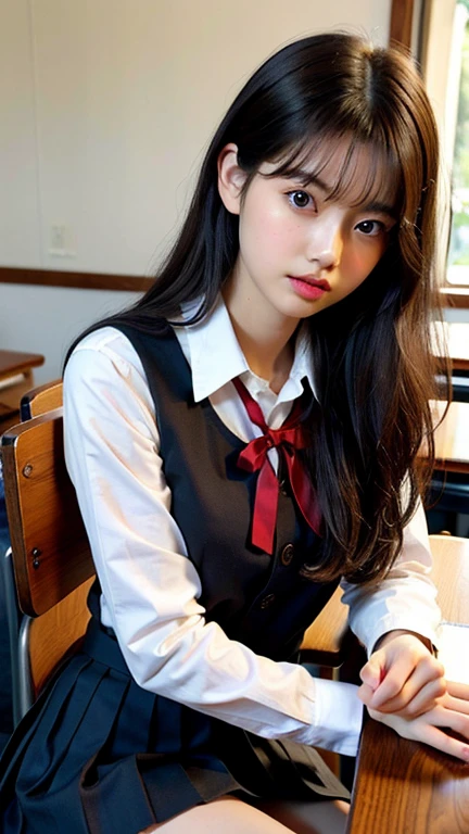 whole body, Pause, (Side view:0.9), (Professional Lighting, Light on the face), 1 girl, cute, Perfect body, View Viewer,  (Highly detailed eyes and face, Beautifully detailed nose, Beautiful fine details), (Beautiful knees, White thighs), Japanese high school girl, (classroom, Wooden desk and wooden chair), ((school uniform, black pleated skirt,White Shirt)), 18-year-old, (ロングヘアBlack Hair, ), black eye, Black Hair, Long hair with red ribbon, ロングヘアBlack Hairに赤いリボン, 
