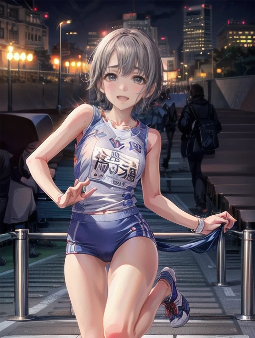 Japanese women、 Beautiful Face、(Realistic:1.3), Intricate details、(Ultra-Realistic Rendering:1.3), Light blue hair, Short Bob、Moonlight Eyes, Soft lighting, Track and field wear、Athletics Stadium、Long Jump、Full body photography