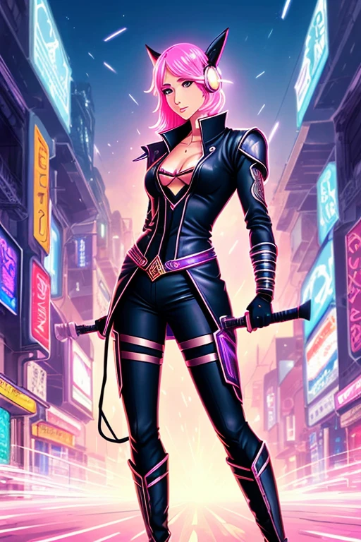 Niji mode, human sorcerer secret agent, human face with pink and black rabbit dragon ears, full body, wearing an elegant suit made of fine fabric and with magic circuits, holding in both hands a sword with a long handle with carved magic details glowing, glowing eyes, RPG costume , tanned skin, neon punk, art book, Studio ghibli, wide setting, in the middle of a retro cyber punk magical metropolis, magical light reflected in the hair and ear, aura of light, stylish dynamic pose, side view, old anime