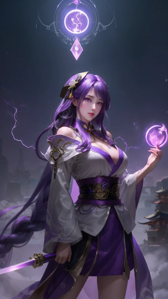 1 Girl,Purple Hair, Purple Eyes, Glowing eyes, Purple Kimono, huge :1.2, Holding a sword, electricity, 闪electricity, Cultural Relics,Purple Magic, halo, whole body,Magic Circle, braid,Very long hair,Flowering,Off-shoulder, guide_The general pulled a knife from her chest, 雷electricity将军,pPurple Hair, Daofa Rune, Guest Secretary (Genshin Impact),Chinese_clothing,,White_skirt，牛奶撒在脸和clothing上