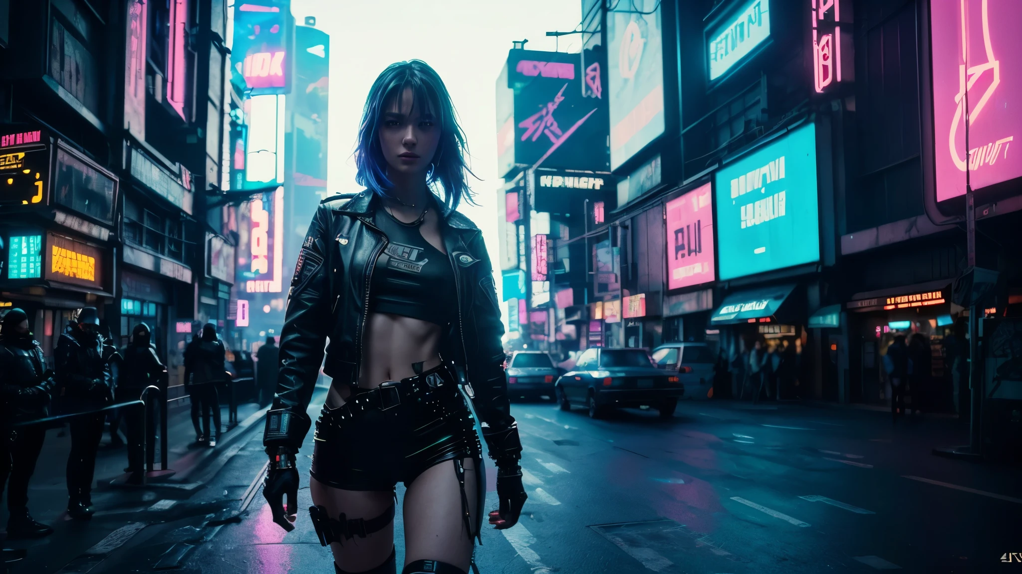 a skinny girl, cyberpunk city, neon lights, lens flare, ray traced lighting, (best quality,4k,8k,highres,masterpiece:1.2),ultra-detailed,(realistic,photorealistic,photo-realistic:1.37),long shot, crowded city, futuristic, (80s cyberpunk:1.2), intricate details, moody atmosphere, dynamic composition, vibrant colors