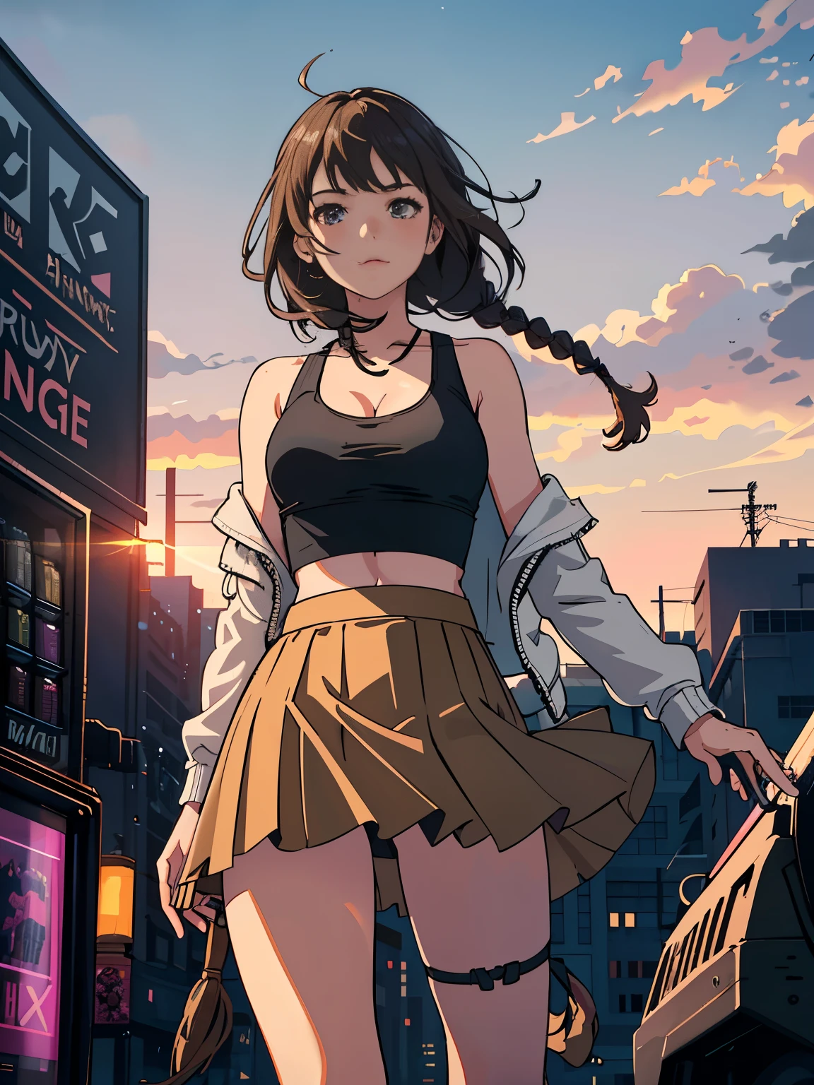 best quality, masterpiece, 1girl, solo, (silhouette lighting:1.2), light brown french braids hair with bangs, cowboy shot, cyberpunk style, tank-top with jacket, short skirt, hourglass figure, standing by vending machine, dusk, twilight, cleavage, (windy upskirt, wind blowing skirt:1.3), pink clouds