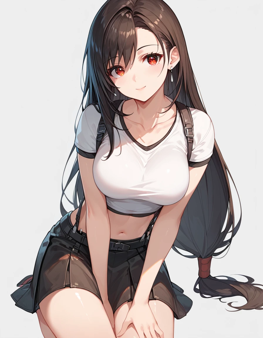 score_9, score_8_up, score_7_up,source_anime, high res image,masterpiece,best quality, Tifa Lockhart,girl,cute face,clear skin,shiny hair,ultra detailed eyes,simple background, , shirt,skirt