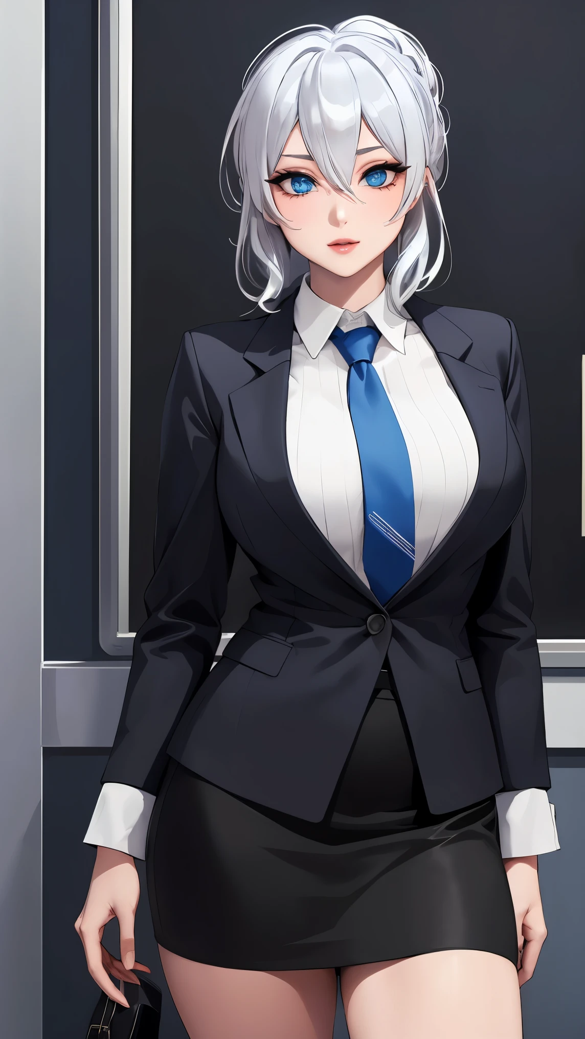 highest quality,masterpiece,High resolution,only,{Black business suit:1.40},{tie:1.20},{ White shirt:1.10}, {Black Skirt:1.15}, good looking, Silver hair and blue eyes,