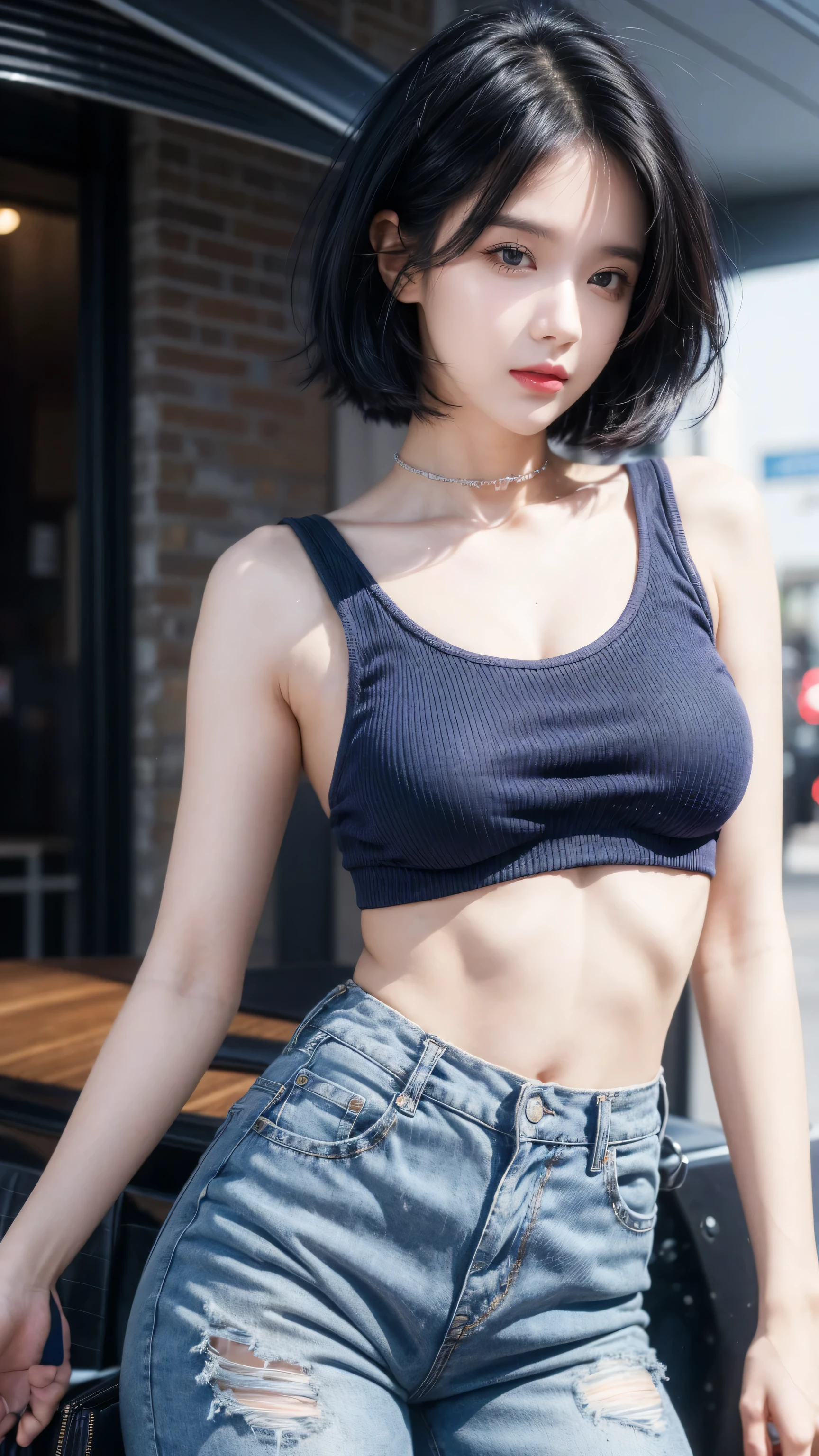 best quality, 1 Girl, dark blue hair, black eyes, Very short hair, Spiky hair, Crop Top Drape purple, , High waist short jeans, 171 cm, Messy hair, Hair between the eyes, Medium breasts, full, Tomboy, aldult, 20 years old, 1 Girl near purple motorcycle