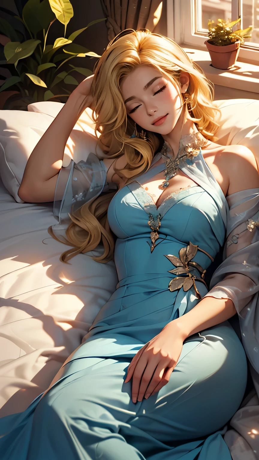 Lying, close up, sleeping, pillow, closed eyes, Delicate and beautiful CG art), (highest quality, Very detailed, High resolution), (Dynamic Lighting), (One character), (blonde hair), (Beautiful Face), 1 girl, (Long sideburns, plant, smile, gown blue dress, bed, hands down