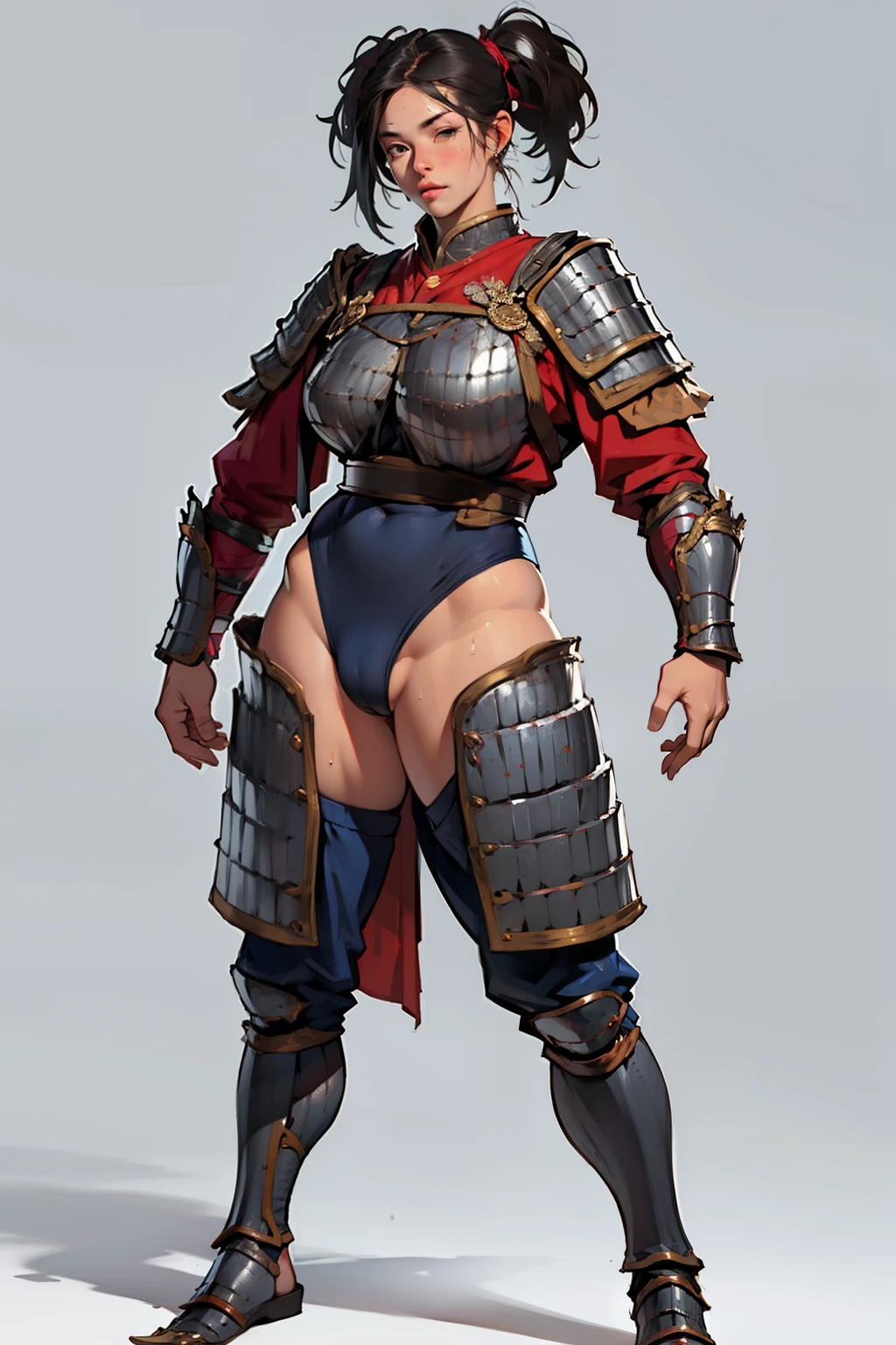 (high resolution, pixel perfect, realistic, gorgeous illustrations), (hyper quality, muste piece, etheric: 1.4), ((1girl)), ((lewd woman)), full body, ((stand,open legs)), cool atmosphere, Twintails with black hair, ((Exquisite face)), (((((((muscular))))))), ((thick thighs)), (((wide hips))), ((Big breasts that are about to burst)), fighter, ((((wh_chi_armor)))), ((leotard)), ((cameltoe)), shiny skin, gleaming skin, sweat, simple background,