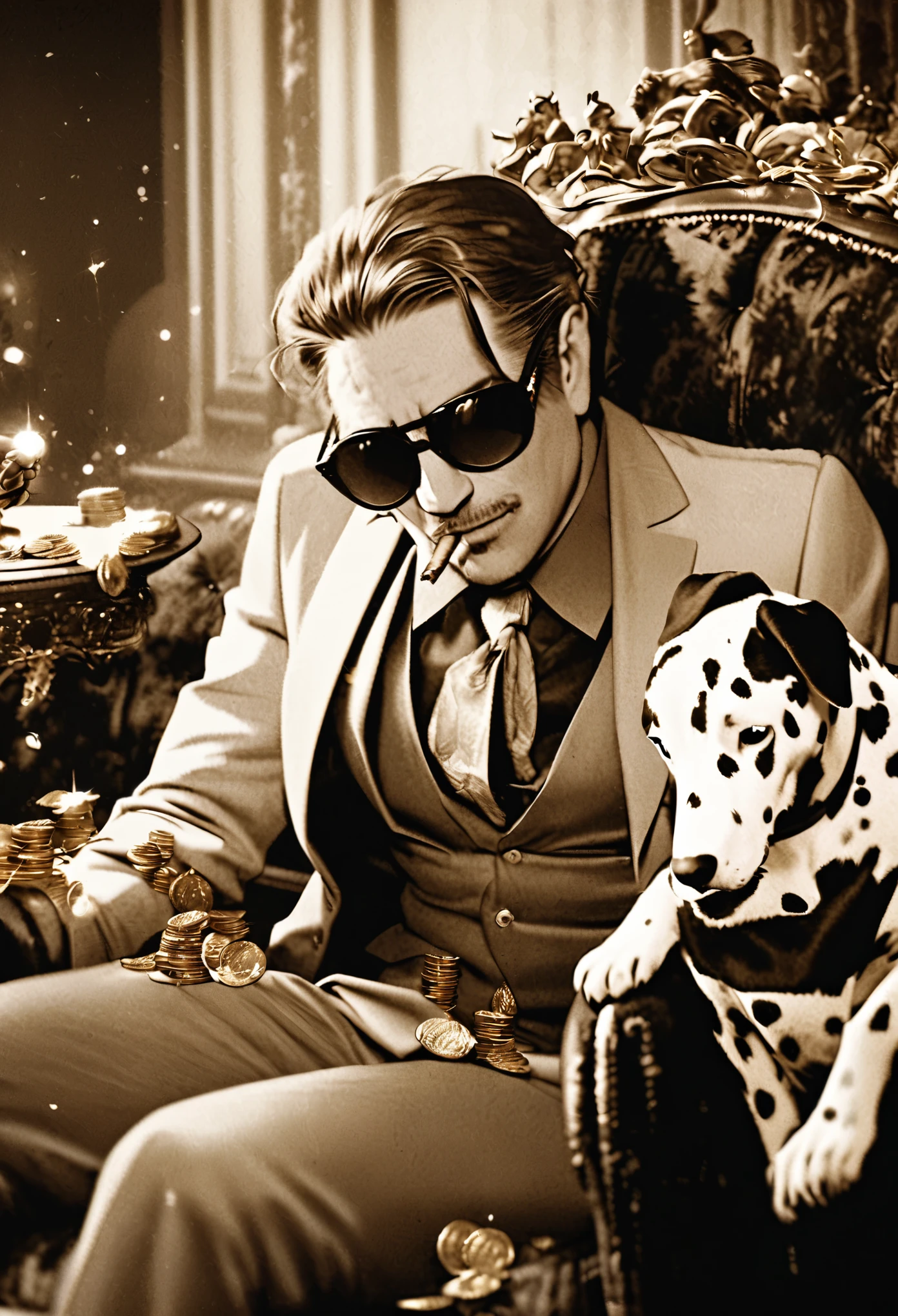 Wear sunglasses, An old Dalmatian dog with a cigar and a mafia boss sitting in an armchair, Gold coins falling from the sk, Vintage Sepia Photography,