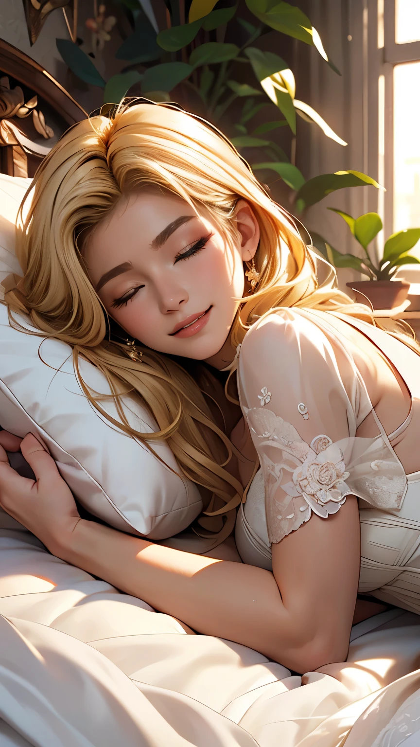 Lying, close up, sleeping, pillow, closed eyes, Delicate and beautiful CG art), (highest quality, Very detailed, High resolution), (Dynamic Lighting), (One character), (blonde hair), (Beautiful Face), 1 girl, (Long sideburns, plant, smile, gown white transparent dress, bed, hands down