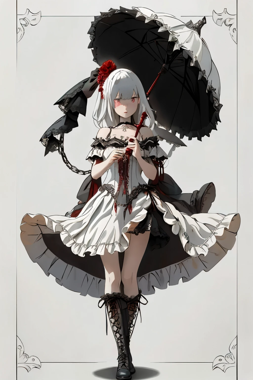 ((best quality)), ((masterpiece)), (detailed), 1girl, off-shoulder, blank white background, plain background, white background, red and white clothing, Bloodborne inspired,  occult aesthetic, occult, detailed and intricate steampunk and detailed gothic, NSFW, Very dramatic and cinematic lighting, cosmic horror, grim-dark, side-lighting, perfect face, NSFW, Fluttering lace flared long knee length dress with frilly petticoats, knee length dress, pleated petticoats, lolita dress, petticoats gothic lolita, complex lace boots, side-lighting, gothic lolita aesthetic, wielding a mighty sword with mechanical components, carbine, NSFW, beautiful small breasts, small breasts, full body, whole body, body, plain background, white background, blank background, no background, white background NSFW, chains, full body, whole body, head-to-toe NSFW