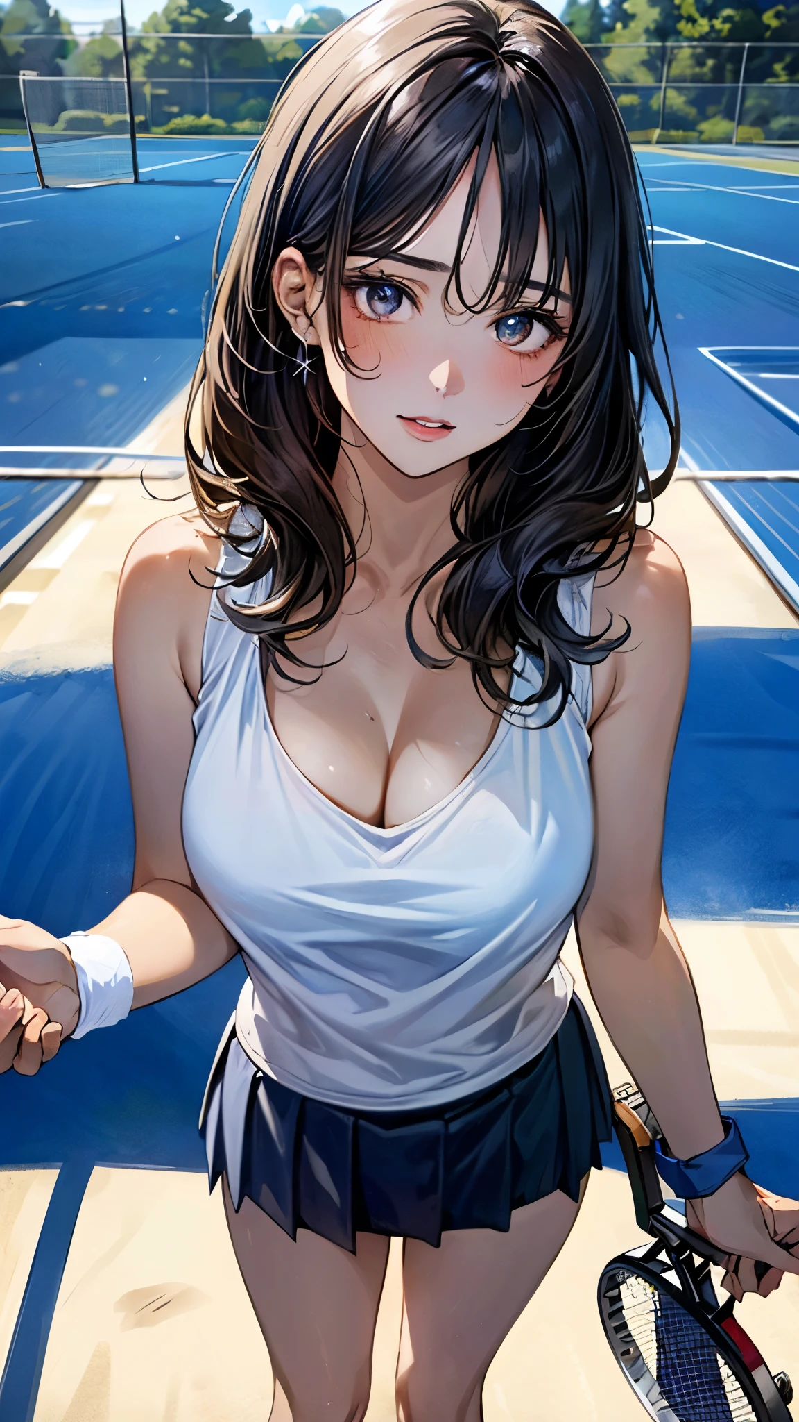 (masterpiece, top-quality, ultra high res, ultra detailed), (realistic, photorealistic:1.2), beautiful illustration, perfect lighting, natural lighting, colorful, depth of fields, nsfw, vulgality,
beautiful detailed hair, extremely detailed face, beautiful detailed eyes, beautiful clavicle, beautiful body, beautiful chest, beautiful thigh, beautiful legs, beautiful fingers,
looking at viewer, (from above), 1 girl, , (perfect anatomy, anatomically correct, super detailed skin), cute and symmetrical face,
perfect face, perfect eyes, perfect body, perfect fingers, (skindentation), white skin, shiny skin,
(long hair, straight hair, messy hair:0.6, black hair), swept bangs, blue eyes, drooping eyes, long eyelashes, (large breasts, large hip, seductive thighs), slender, outstanding style,
(white tennis tanktop, white tennis skirt, blue tennis wristbands),
(beautiful scenery), evening, (tennis court:1.2), standing, (docile, parted lips),