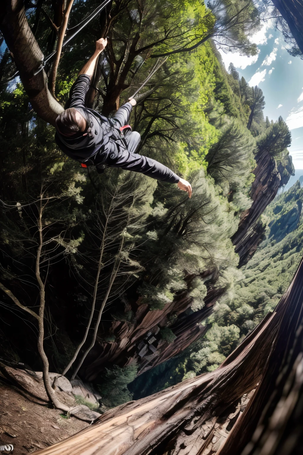 A 28-year-old man, ((trapped in trees)), ((hyperrealism)), dark brown hair with hints of gray. Brown hair, pelirrojo con toques de gris, crin negra larga, cabello largo y despeinado, pelo naturista, really long hair, Surprised expression, falling from a cliff in a scared yet relieved pose, 16:9 aspect ratio, shot with GoPro Hero 7 Black, Adrenaline-pumping, Cliff-hanger, center focused, crisp details, dramatic lighting, highlights and shadows, subsurface scattering, intricate, highly detailed, Cinematic, edge