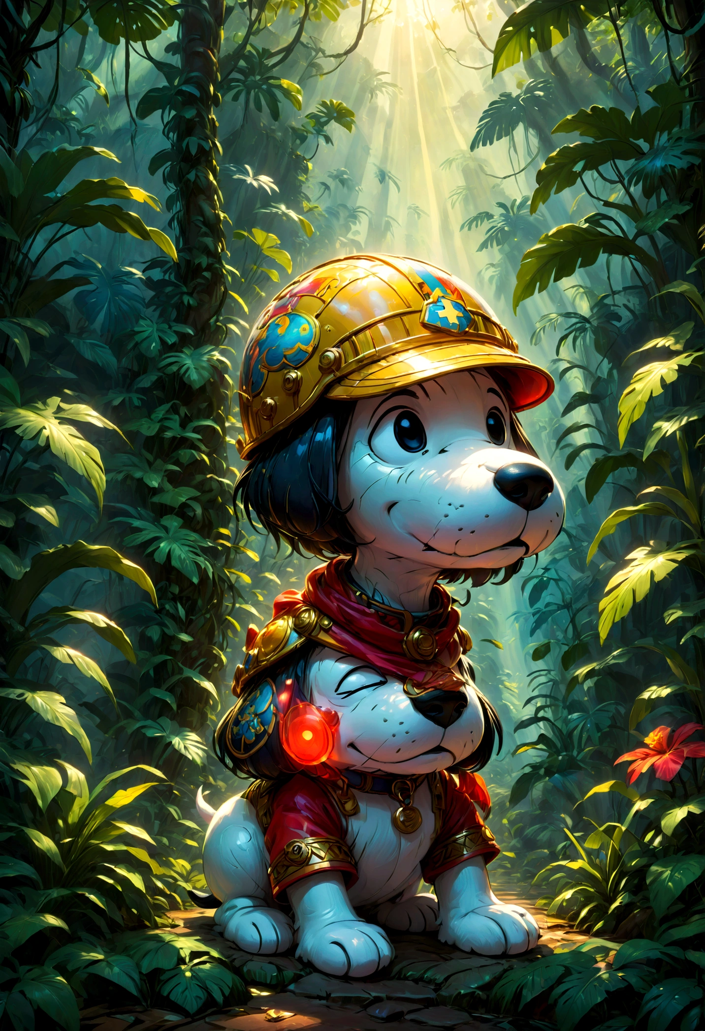 Snoopy, by Charles M. Schulz, jungle, dramatic composition, transparent helmet, 90s cartoon art style, cinematic dynamic action scene, vibrant colors, cinematic lighting, dramatic lighting, best quality, masterpiece, very aesthetic, perfect composition, intricate details, ultra-detailed