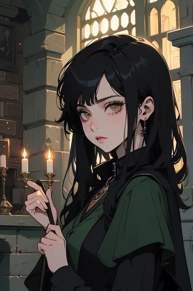 a girl with black hair and brown eyes, half body , from Hogwarts' Slytherin house. making spells and potions at night outdoors