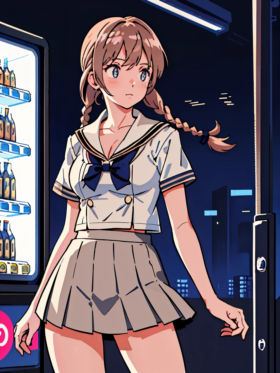 best quality, masterpiece, 1girl, solo, (silhouette lighting:1.2), light brown french braids hair with bangs, cowboy shot, cyberpunk style, summer sailor uniform, blue short skirt, hourglass figure, standing by vending machine, dusk, twilight, cleavage, (windy upskirt, wind blowing skirt:1.1), pink clouds