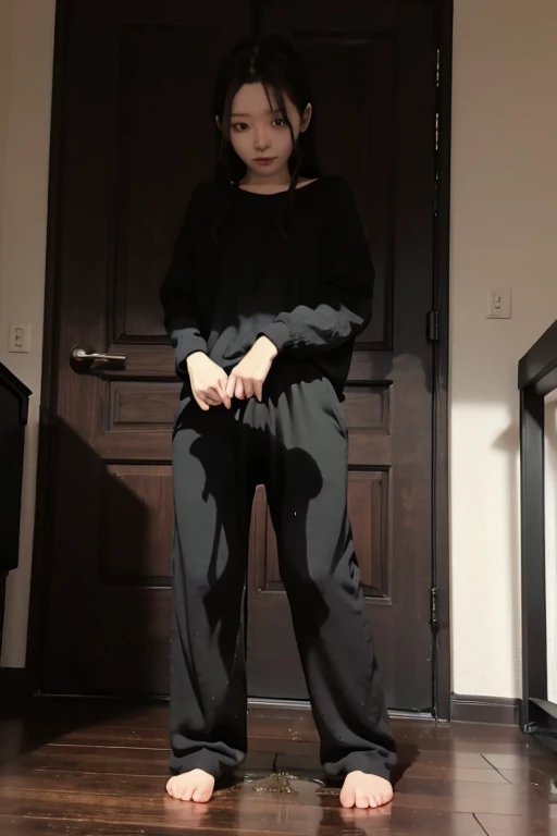 Japanese Girl sees the ghost and pees her black palazzo pants until her pants are wet in fright.