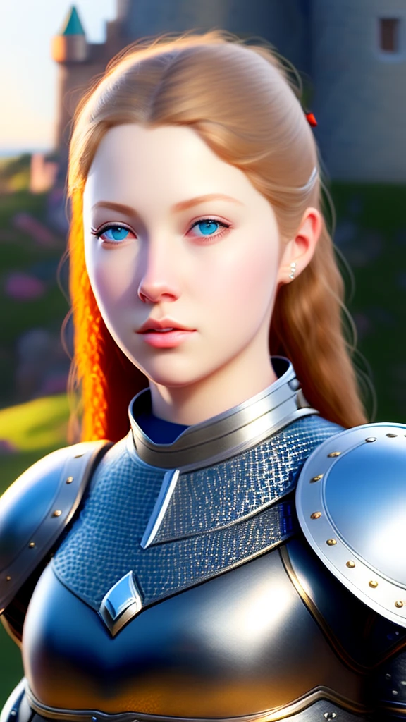 (masterpiece), (extremely intricate:1.3), (realistic), portrait of a girl, the most beautiful in the world, (medieval armor), metal reflections, upper body, outdoors, intense sunlight, far away castle, professional photograph of a stunning woman detailed, sharp focus, dramatic, award winning, cinematic lighting, octane render unreal engine, volumetrics dtx, (film grain, blurry background, blurry foreground, bokeh, depth of field, sunset, motion blur:1.3), chainmail