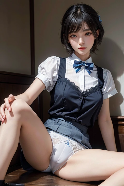 masterpiece, 1 beautiful girl,, A detailed eye, Swollen eyes, top-quality, 超A high resolution, (reality: 1.4), light, japanes, Trendy Korean Cosmetics、a asian beauty, very extremely beautiful, Beautiful skins, A slender, Forward-facing body, (A hyper-realistic), (hight resolution), (8K), (ighly detailed), ( Best Illustration), (beautifully detailed eyes), (ultra-detailliert), (wall-paper), Detailed face, Bright lighting, Professional Lighting, looking at the viewers, Facing straight ahead、a pixie cut、background slightly blurred、Hair color is black、Hair color is partially bright blue、Japanese high school girl、School Uniforms、Collared short-sleeved shirt, White shirt, Blue checked bow tie、Amazing smile、Eye color is brown、medium breasts,full body,class room,sitting spread legs,(White thin lace fabric underwear)、The crotch of the underwear is visible,class room,