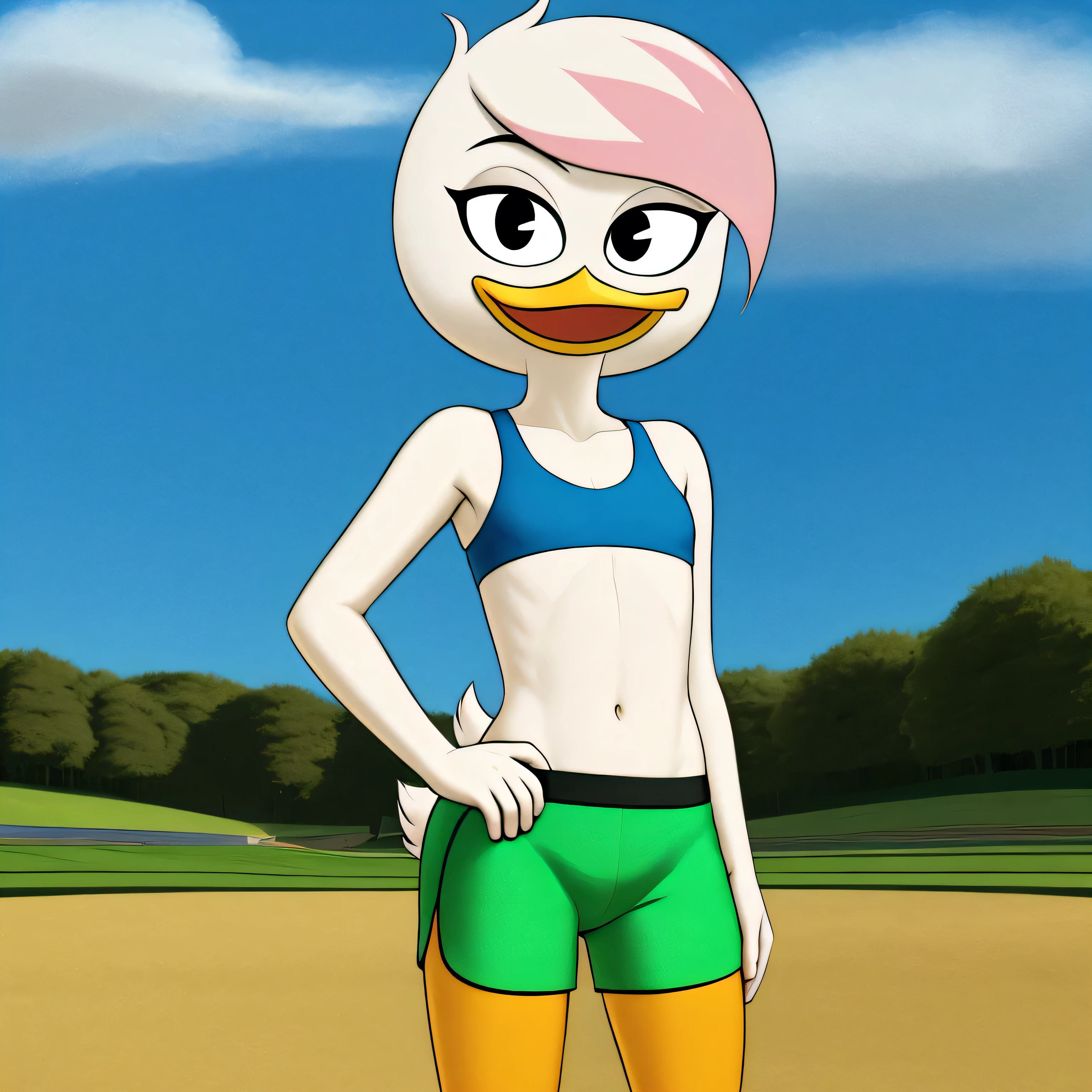 (by drockdraw:1.2) (by chelodoy:1) (by ashraely:1) lena sabrewing, white skin, white hair, pink highlights, orange legs:1.2, black eyes, scut tail, ducktales, eyeliner, beak, short hair, skinny torso, standing, solo:1.2, duck, beak, green shorts, happy, smiling, eyeliner, black eyes, wears sports bra, short hair (outside), (looking at viewer), (showing her torso)