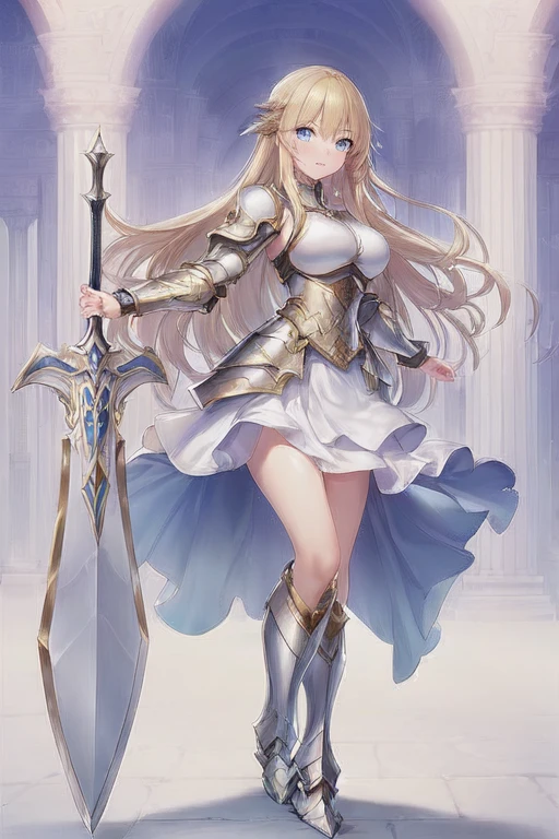 (master piece:1.3, best quality:1.3, ultra detailed:1.3), CG, 8k, illustration, cute face, kawaii,1girl, solo, shiny hair, shiny skin, blond long hair, straight hair, laugh, BREAK, blue eyes, BREAK, (Standing Upright), natural hand poses, (face and body straight at the camera:1.3), (full body:1.3), 1.7m talls, tall height, medium breasts, medium ass, (elegant face), Holy Knight, hold one large great sword, BREAK, (elegant white mini dress), BREAK, (equipped with gold chest armor:0.8, arm armor:0.9, waist armor, armored boots), (fantasy world:1.4), castle garden, outdoor,