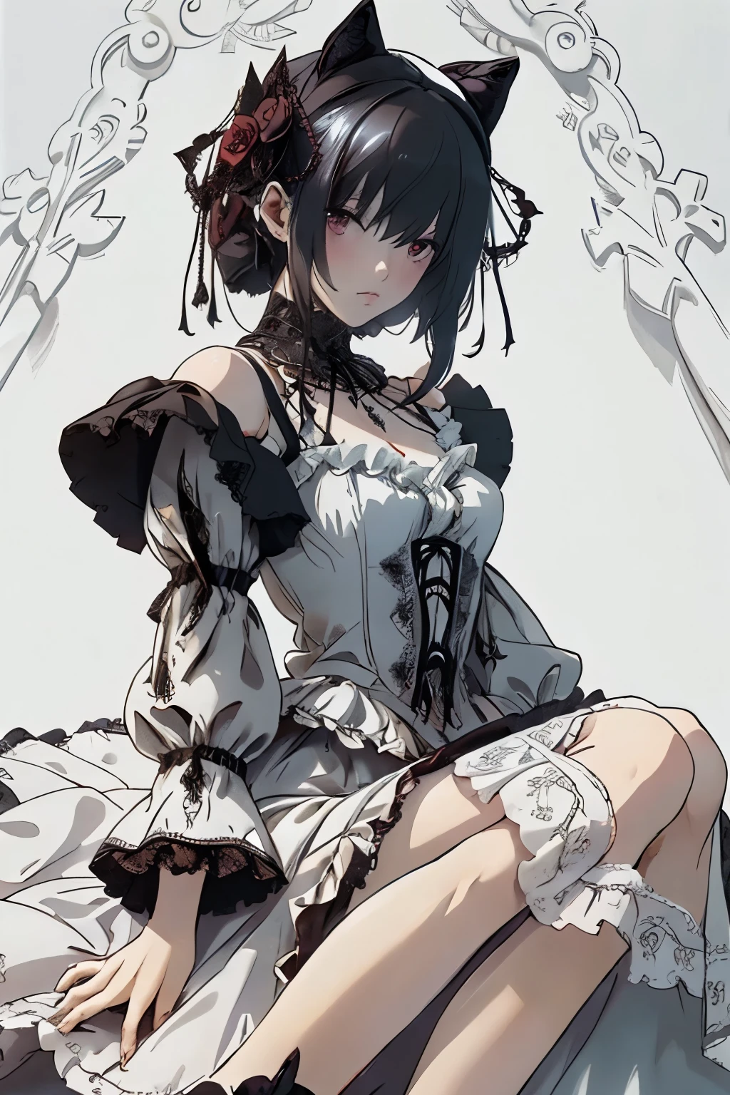 ((best quality)), ((masterpiece)), (detailed), 1girl, off-shoulder, blank white background, plain background, white background, red and white clothing, Bloodborne inspired, occult aesthetic, occult, detailed and intricate steampunk and detailed gothic, NSFW, Very dramatic and cinematic lighting, cosmic horror, grim-dark, side-lighting, perfect face, NSFW, Fluttering lace flared long knee length dress with frilly petticoats, knee length dress, pleated petticoats, lolita dress, petticoats gothic lolita, complex lace boots, side-lighting, gothic lolita aesthetic, wielding a mighty sword with mechanical components, carbine, NSFW, beautiful small breasts, small breasts, full body, whole body, body, plain background, white background, blank background, no background, white background NSFW, chains, full body, whole body, head-to-toe NSFW