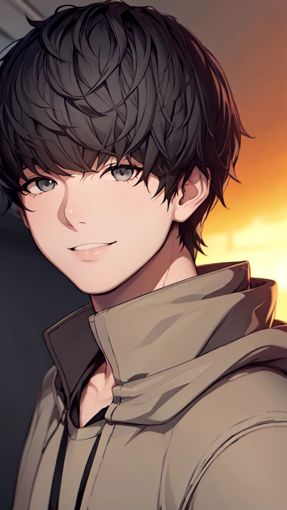 a highly detailed, photorealistic portrait of a young nobleman with short black hair and grey eyes, (4k), anime nobleman attire, smiling at the camera, (Masterpiece), (realistic skin texture), extremely detailed, intricate, hyper detailed, high resolution, professional photography, bokeh, depth of field, sharp detail, best quality, 1boy, solo, half body, male focus, alba_synduality_noir