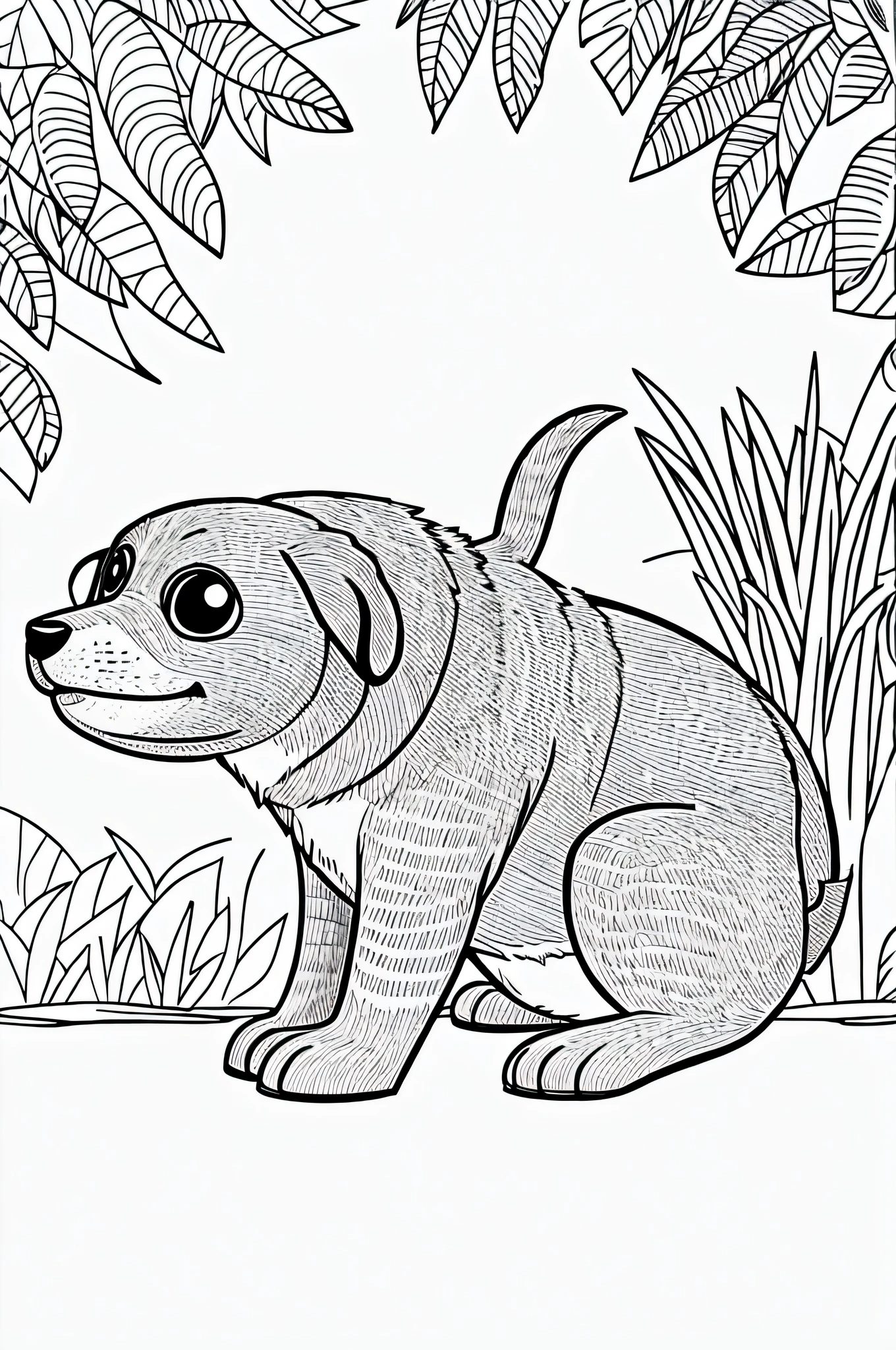 Create an illustration of a cute dog playing in a jungle for a kids' coloring book. The dog should be in black and white, featuring simple and clear lines suitable for coloring. The style should be friendly and appealing to children, with a playful expression and round, non-threatening features. Ensure the resolution is high (300 DPI) to make it print-ready for a coloring book