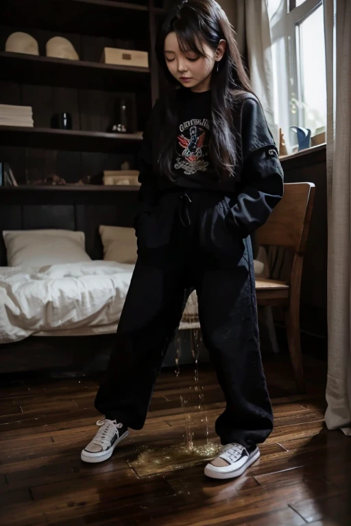 Japanese Girl sees the ghost and pees her black palazzo pants until her pants are wet in fright.
