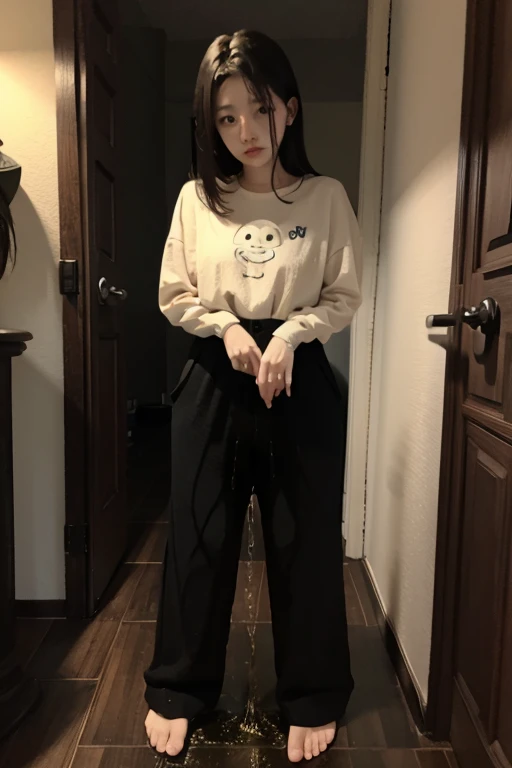 Japanese Girl sees the ghost and pees her black palazzo pants until her pants are wet in fright.