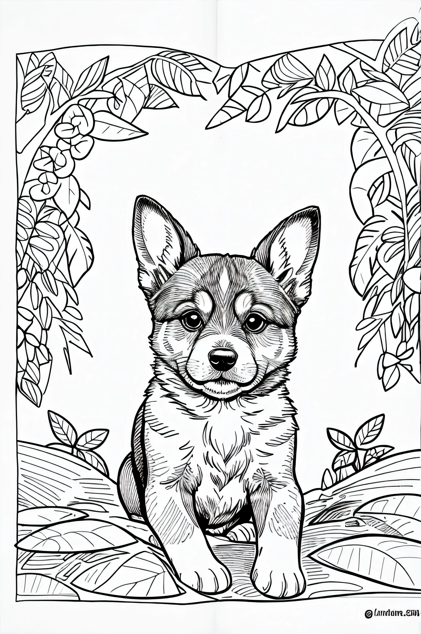 Create an illustration of a cute dog playing in a jungle for a kids' coloring book. The dog should be in black and white, featuring simple and clear lines suitable for coloring. The style should be friendly and appealing to children, with a playful expression and round, non-threatening features. Ensure the resolution is high (300 DPI) to make it print-ready for a coloring book