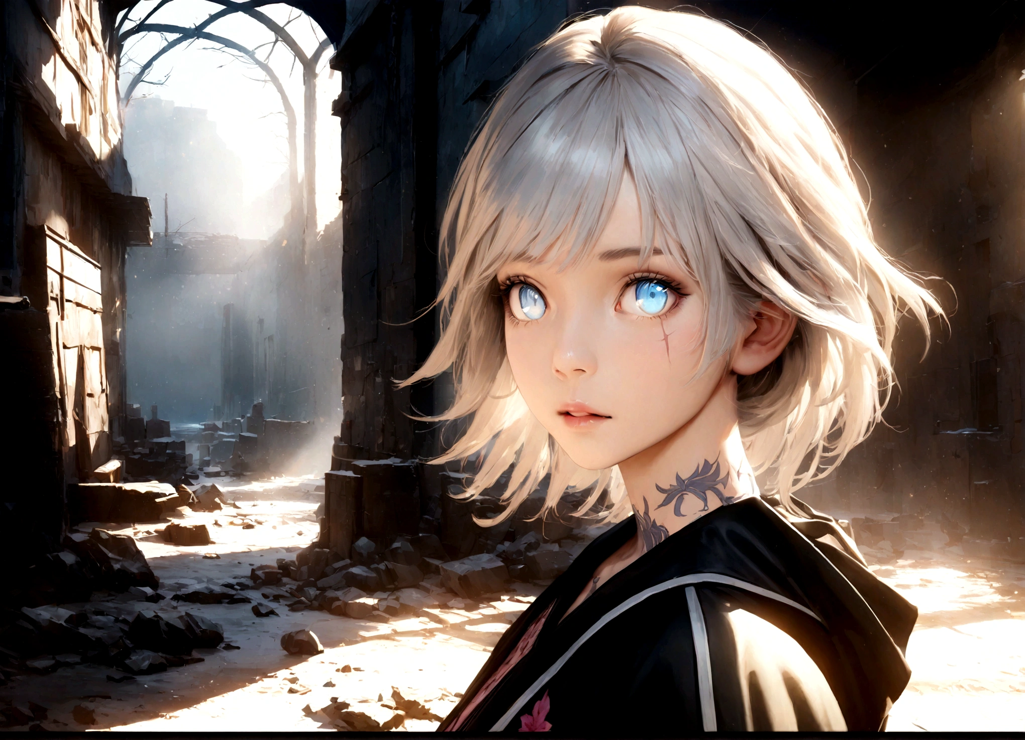 a girl with white hair, cold blue eyes, a tattoo on her neck and a scar on her face, in an abandoned building with fog around, beautiful detailed eyes, beautiful detailed lips, extremely detailed eyes and face, long eyelashes, moody, atmospheric, abandoned building, fog, mist, cold, dark, cinematic, dramatic lighting, blue color tones, realistic, photorealistic, photo-realistic:1.37, best quality,4k,8k,highres,masterpiece:1.2,ultra-detailed,realistic,vivid colors,physically-based rendering,extreme detail description,professional