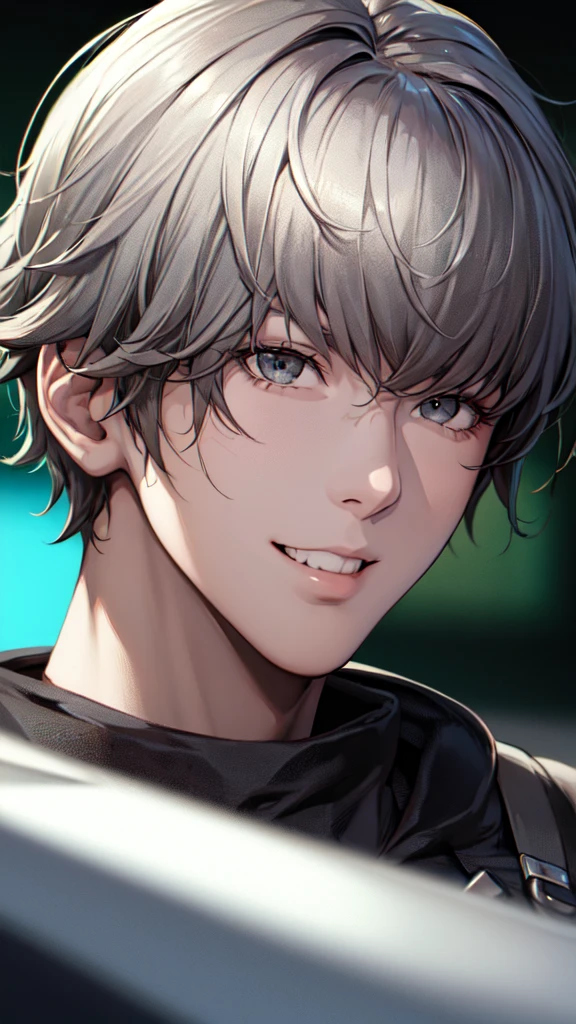a highly detailed, photorealistic portrait of a young nobleman with short black hair and grey eyes, (4k), anime nobleman attire, smiling at the camera, (Masterpiece), (realistic skin texture), extremely detailed, intricate, hyper detailed, high resolution, professional photography, bokeh, depth of field, sharp detail, best quality, 1boy, solo, half body, male focus, alba_synduality_noir