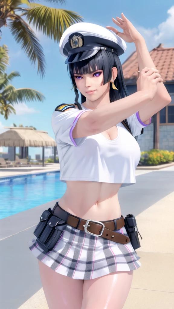 1girl, bangs, belt, black hair, blunt bangs, cleavage, cowboy shot, crop top, day, gun, handgun, hat, holster, huge breasts, lips, long hair, looking at viewer, midriff, military, miniskirt, navel, nyotengu, ocean, outdoors, palm tree, plaid, plaid skirt, police, pool, purple eyes, shirt, short sleeves, skirt, sky, smile, solo, tree, uniform, water, watercraft, weapon, (masterpiece:1.4), (best quality:1.4), (shiny skin), steaming body, upper body