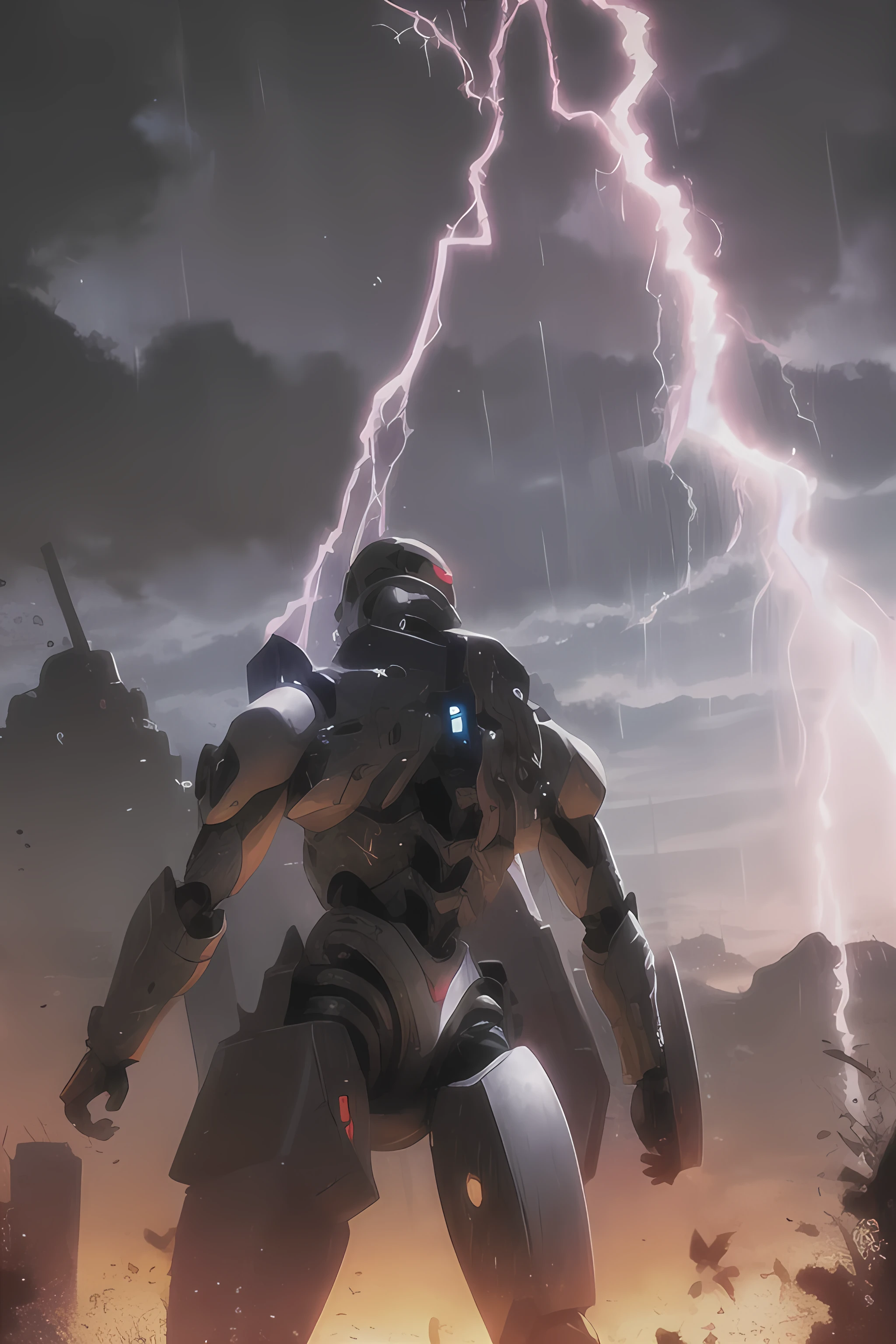 manga-style image of a futuristic landscape where robots and demons face off in an epic battle. En el centro, un collar de corazones flota brillantemente, emanating a mystical light that divides both sides. Robots have angular and technological designs, mientras que los demonios poseen formas oscuras y siniestras. The sky is heavy with storm clouds and lightning, adding a dramatic touch to the   