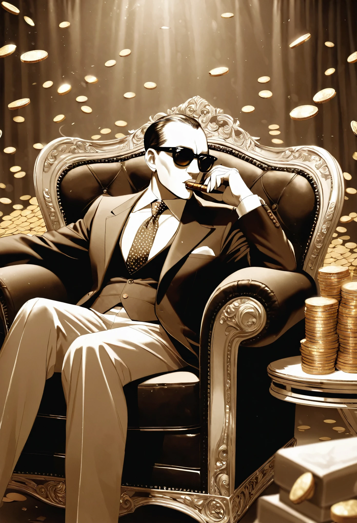 Wear sunglasses, An old Dalmatian dog with a cigar and a mafia boss sitting in an armchair, Gold coins falling from the sk, Vintage Sepia Photography,