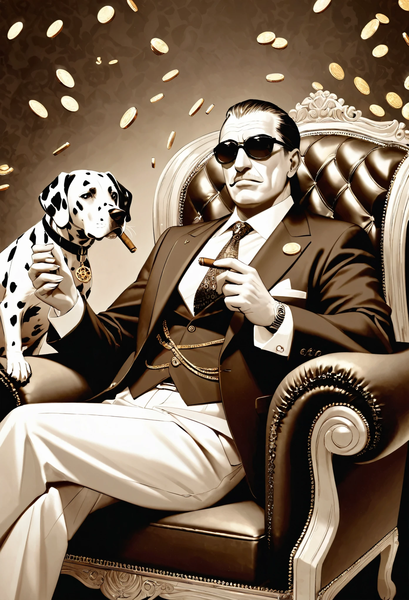 Wear sunglasses, An old Dalmatian dog with a cigar and a mafia boss sitting in an armchair, Gold coins falling from the sk, Vintage Sepia Photography,